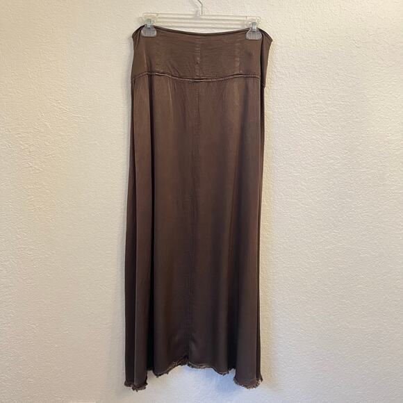 Raquel Allegra Button Front Maxi Skirt Large Moss Brown Satin - Picture 6 of 13